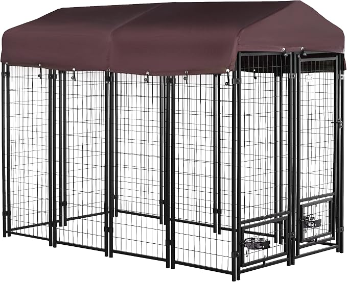 PawHut 8' x 4' x 6' Outdoor Dog Kennel with Rotating Bowl Holders, Walk-in Pet Playpen, Welded Wire Steel with Water and UV-Resistant Canopy, Red | Welded Wire Dog Kennel Outside Run, Waterproof & UV Resistant Cover, for S&M&L Breeds, Chickens & Ducks