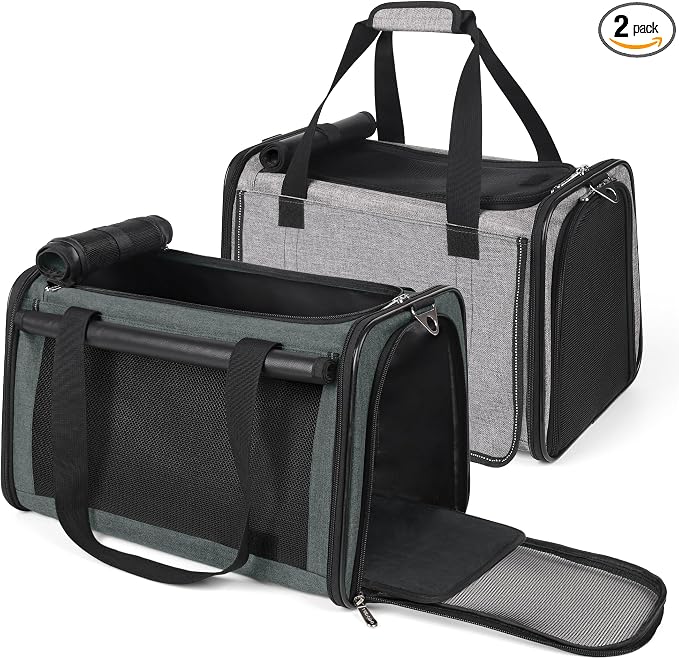 YUDODO 2 Packs 25 lbs Lightproof Soft Sided Pet Carrier for Large Cat & Small Dog Airline Approved Travel Puppy Carriers with Side Pockets & Reflective Mesh, Foldable Portable for Car Grey Green+Grey
