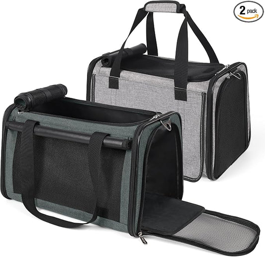 YUDODO 2 Packs 25 lbs Lightproof Soft Sided Pet Carrier for Large Cat & Small Dog Airline Approved Travel Puppy Carriers with Side Pockets & Reflective Mesh, Foldable Portable for Car Grey Green+Grey