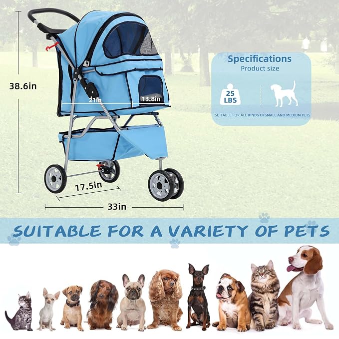 Pet Stroller for Small Medium Dogs & Cats,3-Wheel Breathable Compact Foldable Dog Carrier with Storage Basket, Outdoor Portable Lightweight Travel Stroller for Camping,Blue