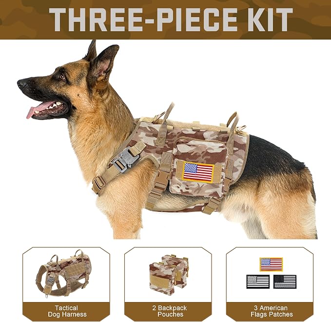 Forestpaw Tactical Dog Harness Pouches and Patches Set,L,Camo Brown | Adjustable Fits 27-40" Chest,70-140 lbs,No Pull Military Style Service Dog Vest for Daily Walking Training,Medium Large Dogs