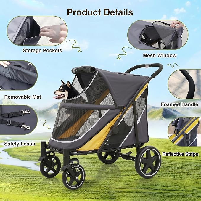 Dog Stroller for Medium/Large Dogs One-Click Folding, Extra Large Pet Stroller for 2 Dogs with Storage Pocket & Shock Absorption, Up to 130 lbs, Yellow