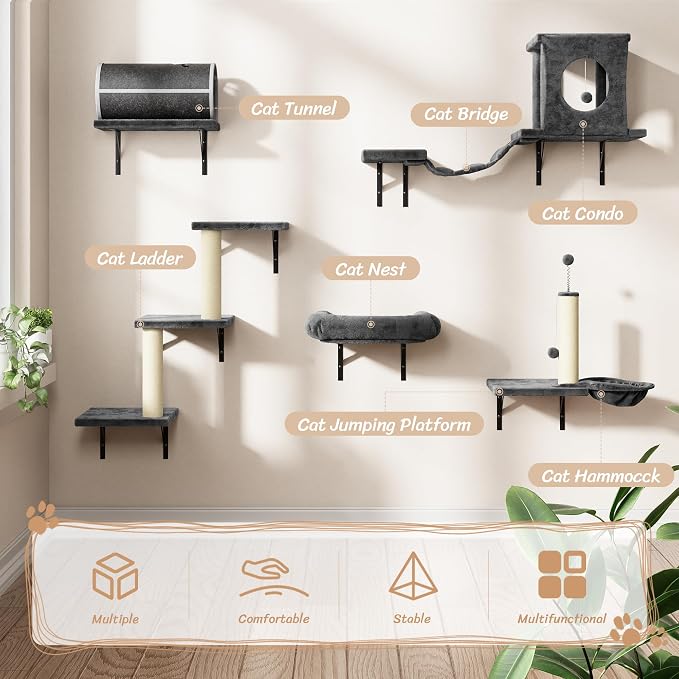 NUNU LAB 7-in-1 Cat Wall Shelves, Wall Mounted Cat Climber Set, Cat Furniture with House, Tunnel, Bridge, Steps, Scratcher, Hammock, Shelves for Indoor, Drak Grey