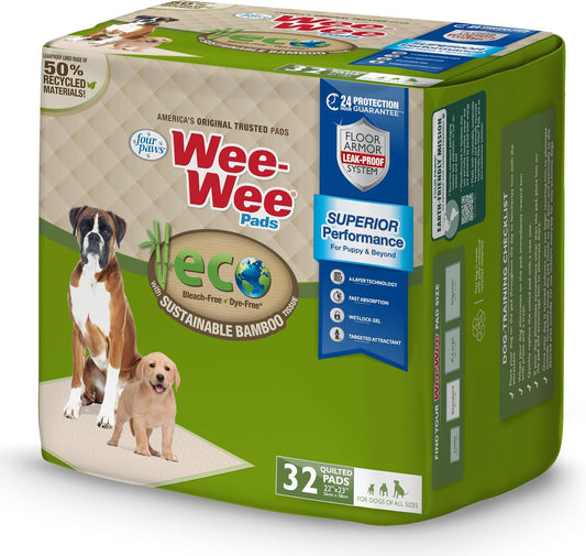 Four Paws Wee-Wee Superior Performance Bamboo Pee Pads for Dogs, Earth Friendly Dog & Puppy Potty Training Pads, Crate Liners, Housebreaking Supplies, 22" x 23" (32 Count)