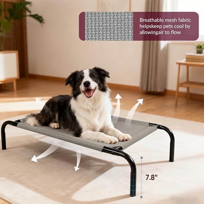 Elevated Dog Bed with Breathable Mesh Fabric, Raised Pet Cot with Airflow and Support, Durable and Easy to Clean (Grey, Medium)