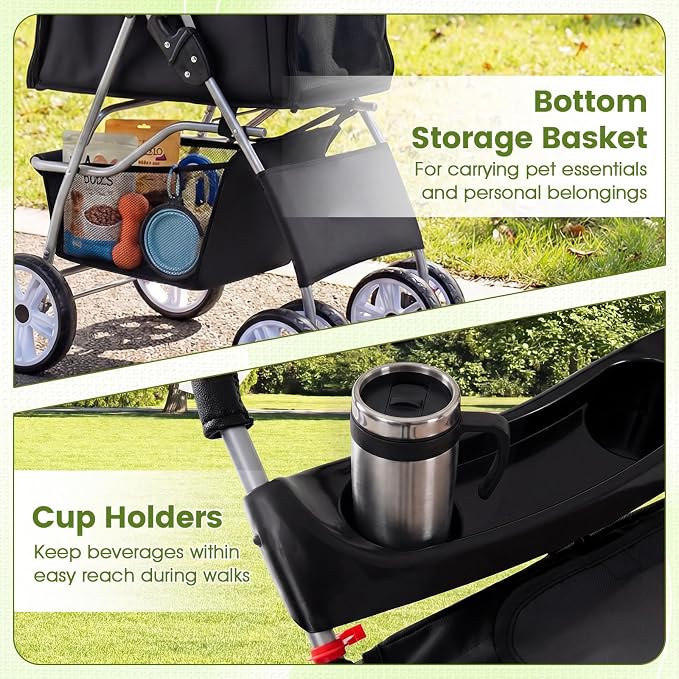PETSITE 4 Wheels Pet Stroller, Foldable Dog Strollers for Small Dogs with Breathable Mesh, Waterproof Cover, Storage Basket, and Cup Holders, Ideal for Dogs Cats up to 33 lbs (Black)