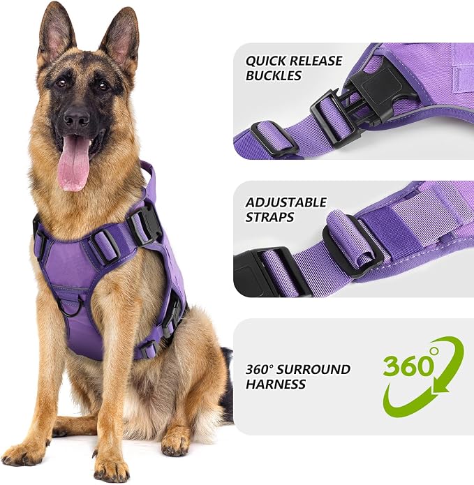 WINGOIN Purple Tactical Dog Harness for Medium Dogs,No Pull Dog Harness | with Handle,Adjustable Reflective,Military K9 Style,Big Size Dog Vest,for German Shepherd,for Walking Training Hunting