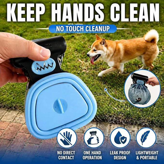 Dog Pooper Scooper with Waste Bag Dispenser – Small Size, Portable, Lightweight, One-Hand Operation, Leak-Proof, Durable Pet Waste Scooper (Blue)