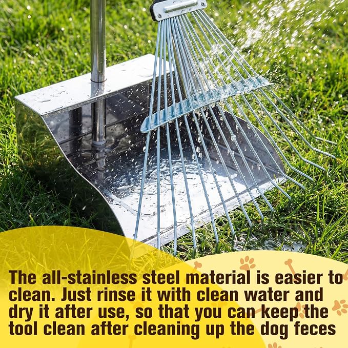 Stainless Steel Dog Pooper Scooper Set, 8.8 Gal Bucket, Long Handle | Includes Rake, Tray and Bucket for Yard Cleanup. Extra-wide Tray and Adjustable Handle Help Clean Large Dog Waste Easily