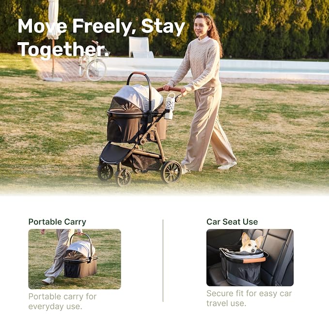 3-in-1 Pet Stroller for Medium Dogs & Cats, Detachable Aluminum Frame Carrier, All-Terrain 4-Wheel Dog Travel Carriage, Shock Absorption, Easy-Entry Low Door, Max 55lbs - Darkgrey