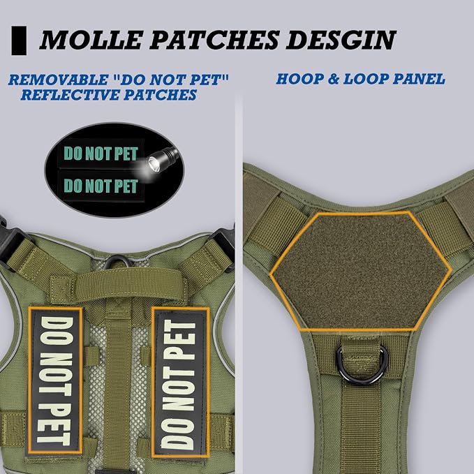 Tactical Dog Harness for Medium and Large Breeds, Air Dog Vest No Pull with Reflective Do Not Pet Patches, Breathable Dog Molle Vests for Training Walking Hunting Green