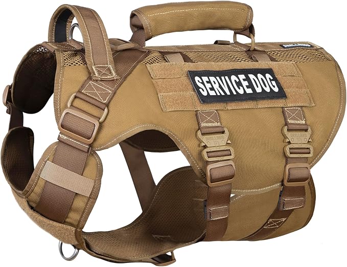 Service Dog Vest for Large Dogs, Brown Tactical Harness with Military MOLLE, Breathable Mesh & 39g Metal Buckle - Size L for Training & Hiking