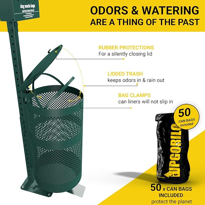 Dog Waste Station with Foot Pedal, 400 Bags, 50 Can Liners, Glow in the Dark Sign, Bag Dispenser, Hand Sanitizer, Outdoor Trash Can