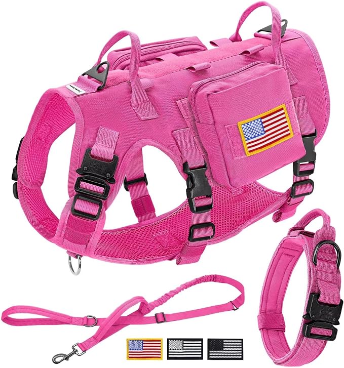 Forestpaw Tactical Dog Harness Collar Bungee Leash Set,M,Hot Pink | Adjustable Fits 22-35" Chest,30-80 lbs,No Pull Control Military Style,Quick Release Buckle,Walking Training for Medium Dogs