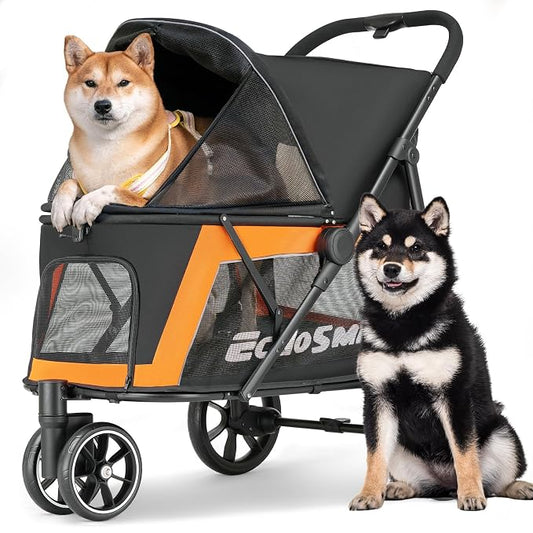 EchoSmile Dog Stroller for Medium & Small Dogs, Foldable Pet Stroller with 3 Wheels & Brakes, All-Terrain Cat Dog Carrier with Breathable Mesh, Safety Leash and Storage Pocket, Black