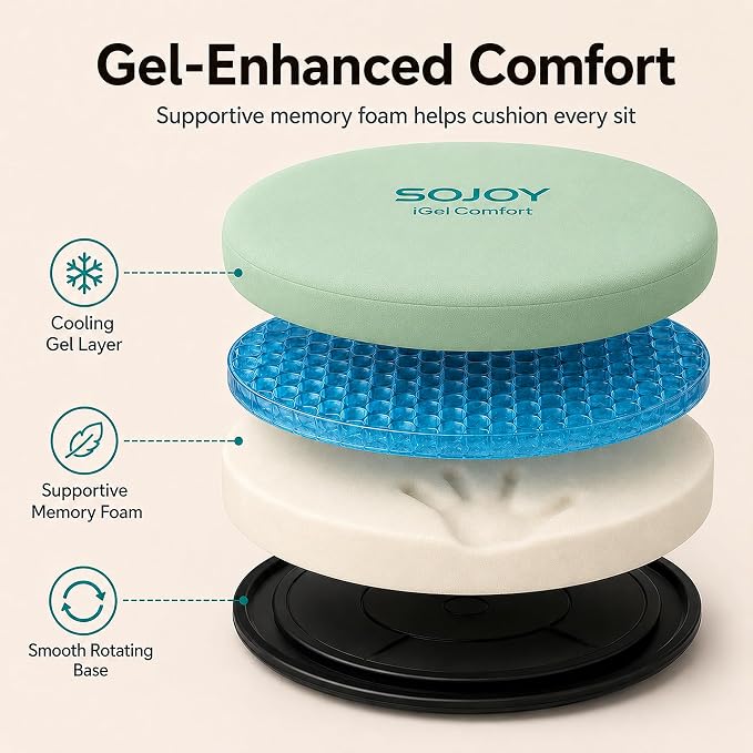 Sojoy iGelComfort Deluxe Gel Swivel Seat Cushion with Supportive Memory Foam 360 Degrees Rotating Seat Cushion for Home,Stool Chair,Office (Green, 13.5 * 13.5 * 1.75 inches)