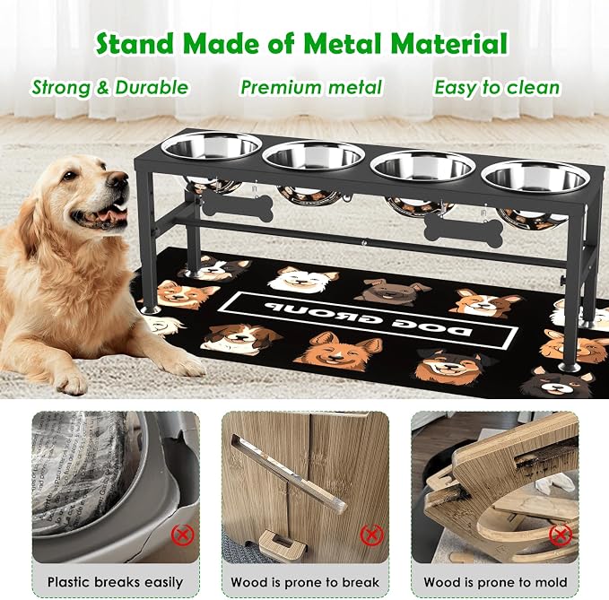 SHAINFUN Adjustable Height Dog Bowl Stand with 4 Bowls for Multi-Dog Homes– Elevated Dog Bowls for Large Breeds with Anti-Slip Mat, Raised Feeding Station with Stainless Steel Bowls