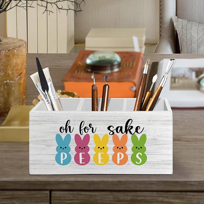 Easter Bunny Decor, Bunny Rabbit Gifts, Bunny Easter Gifts for Women, Funny Pen Pencil Holder Organizer for Desk Accessories, Wooden Box Sign Desk Decor for Home Office Decoration