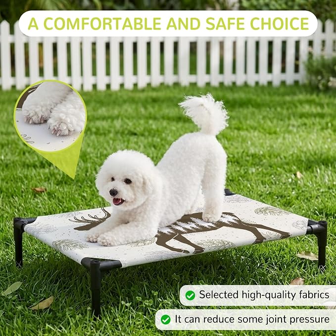 Outdoor Elevated Dog Bed for Large Dogs, Brown Moose Breathable Cooling Raised Dog Cot for Indoor/Outdoor, Trees Pine Cones Elegant Pastoral Waterproof Elevated Pet Beds, L 28 x 22 in