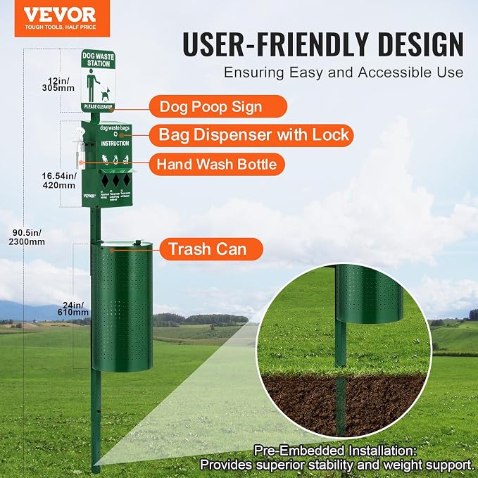 VEVOR Dog Waste Station, 11.5 Gallon Pet Waste Station with Hand Wash Bottle, Lockable Bag Dispenser, 50 Can Liners & 600 Waste Bags, Outdoor Pet Poop Station for Commercial Use, Parks, Backyard