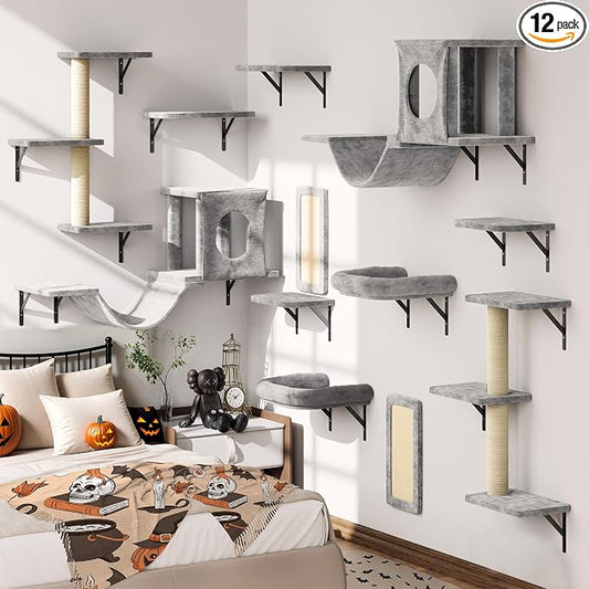 12-in-1 Cat Wall Shelves, Wall Mounted Cat Climber with Condo House, Scratching Post, Bridge Ladder, Space-Saving Indoor Play Furniture for Kittens, Gray