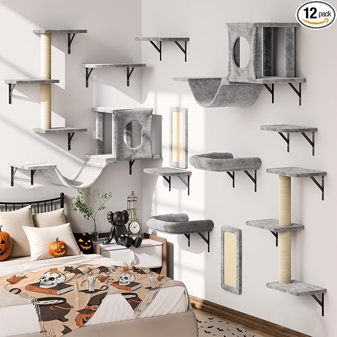 12-in-1 Cat Wall Shelves, Luxury Wall-Mounted Cat Climber Set with Condos House, Scratching Post, Bridge Ladder, Indoor Space-Saving Furniture for Kittens，Gray