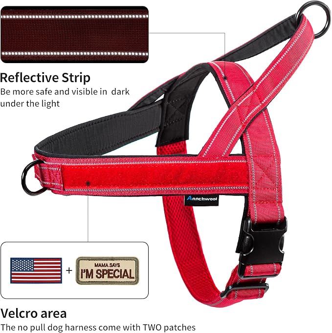 Annchwool No Pull Dog Harness with Soft Padded Handle,Reflective Strip Escape Proof and Quick Fit to Adjust Dog Harness,Easy for Training Walking for Small & Medium and Large Dogs(Red,M)