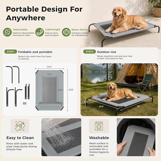 Outdoor Dogs Bed Elevated Dog Bed Large Cooling Raised Pet Cot Grey | Portable Raised Camping Dog Cot , Adjustable Headrest , Breathable Teslin Mesh,Indoor Pet Bed,42"x23.6"x6.3",Washable