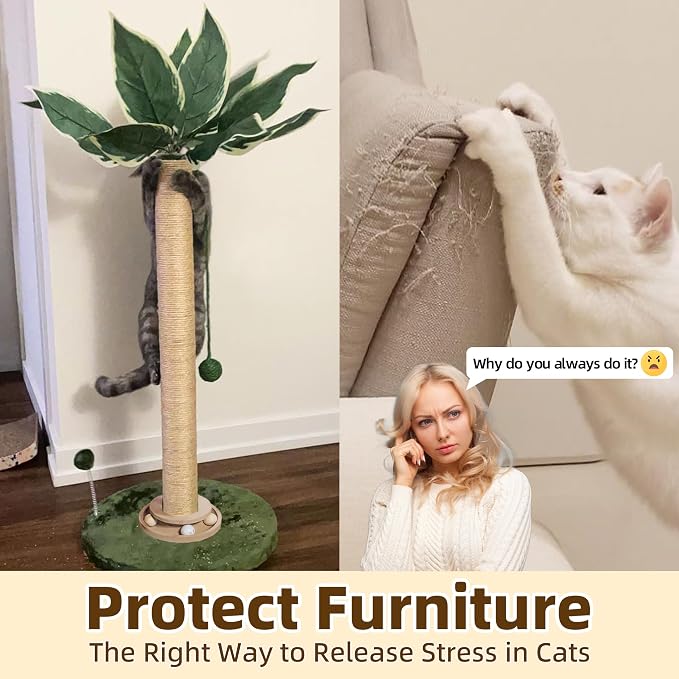 Fantasreen Cat Scratching Post 33'' Cat Scratcher Tall Scratching Posts for Indoor Cats with Cat Toy and Interactive Ball Self Groomer for Kittens Adults Cats