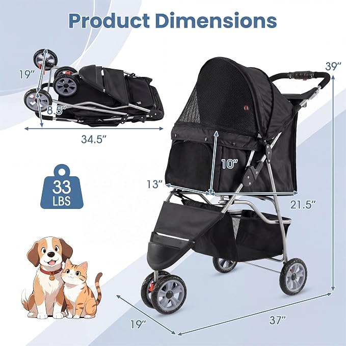 Giantex 3 Wheel Foldable Dog Stroller for Small Dogs Cats, Lightweight Pet Stroller with Lockable Wheels, One-Hand Quick Fold, Mesh Windows, Safety Leash & Storage Basket, Pet Travel Stroller (Black)