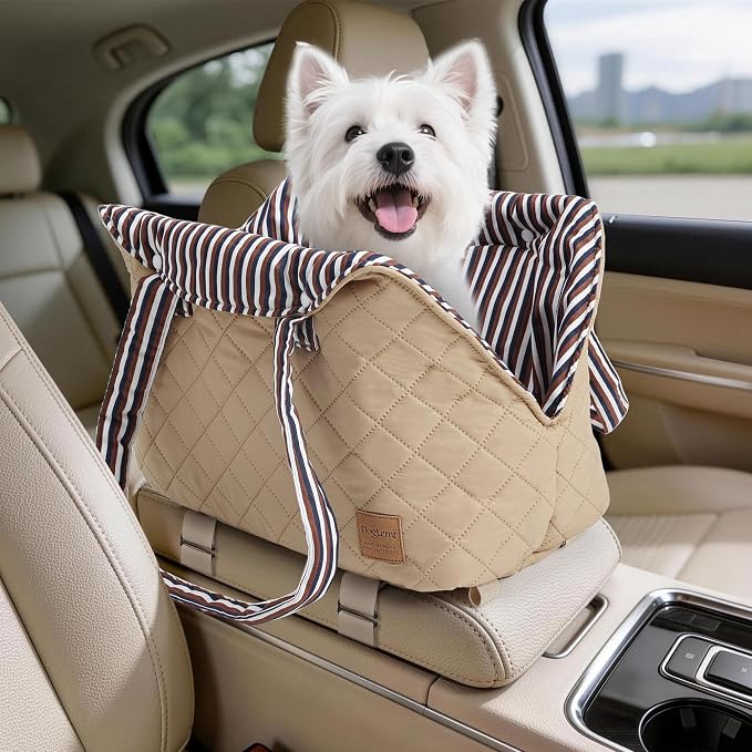 Small Dogs Under 12 lbs Adjustable Portable Center Console Car Seat, Built-in Bubble wrap, Fits Most Cars & SUVs with Convenient Handbag Functionality, Stylish Travel Pet Bag (Beige)
