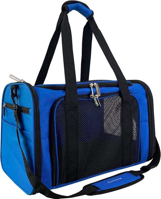 Airline Approved Soft Sided Pet Carrier, 17.5X11X11 Travel Tote with Soft Padded Bedding with Strong 1/4" Wood Base, Seatbelt & Luggage Attachment, Perfect for Cats and Small Dogs