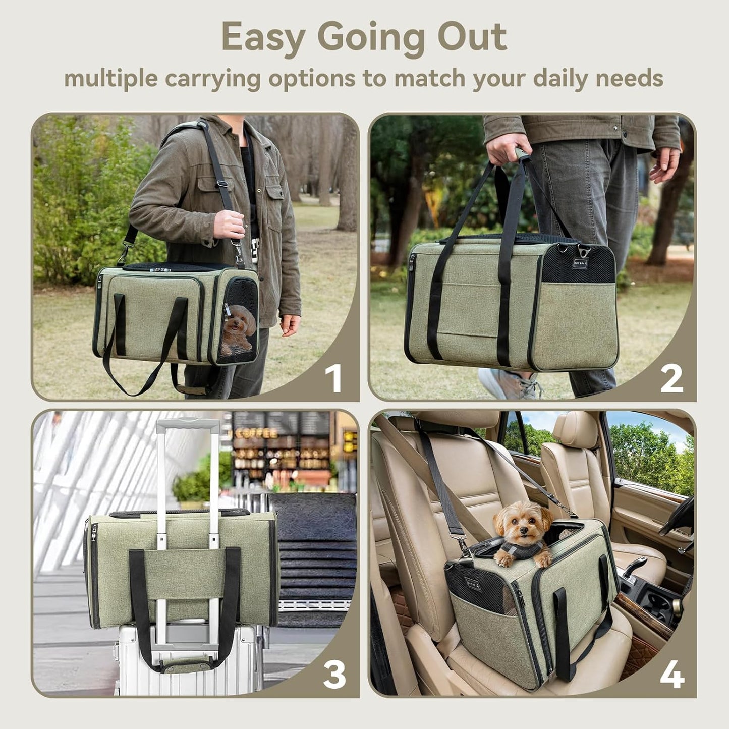 Petsfit Expandable Cat Carrier Dog Carrier,Airline Approved Soft-Sided Portable Pet Travel Washable Carrier for Kittens,Puppies,Removable Soft Plush mat and Pockets,Locking Safety Zippers