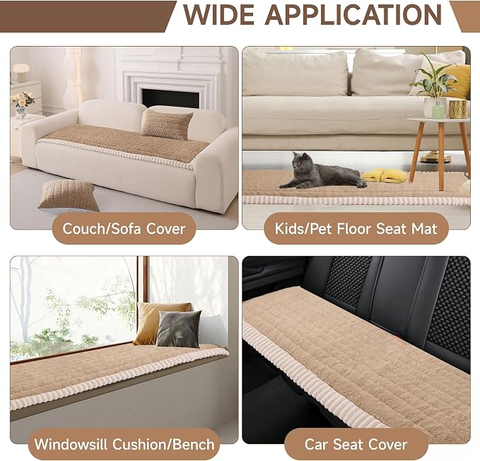OTOB Sofa Covers for 3 Cushion Couch Washable, All Seasons Fuzzy Non Slip Kids & Pet Friendly Dog Bed Mats Couch Cover, Soft Plush Sofa Slipcovers Furniture Protector (Khaki, 27.6" x 70.9'')