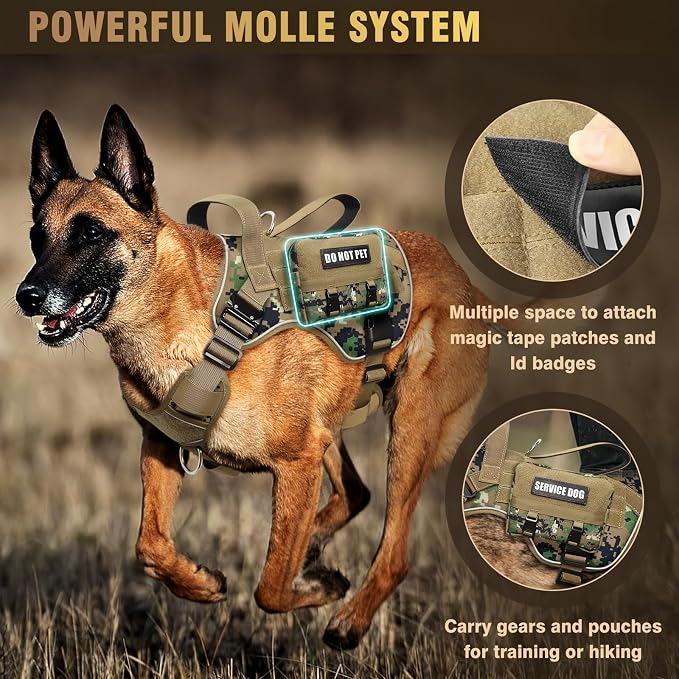 2X Metal Buckle Service Working MOLLE Dog Vest with 10 Pet Patches | Tactical Dog Harness for Large Dog, No-pull Military Working Vest for Training Hunting Walking，2x D Rings for Leash Clip