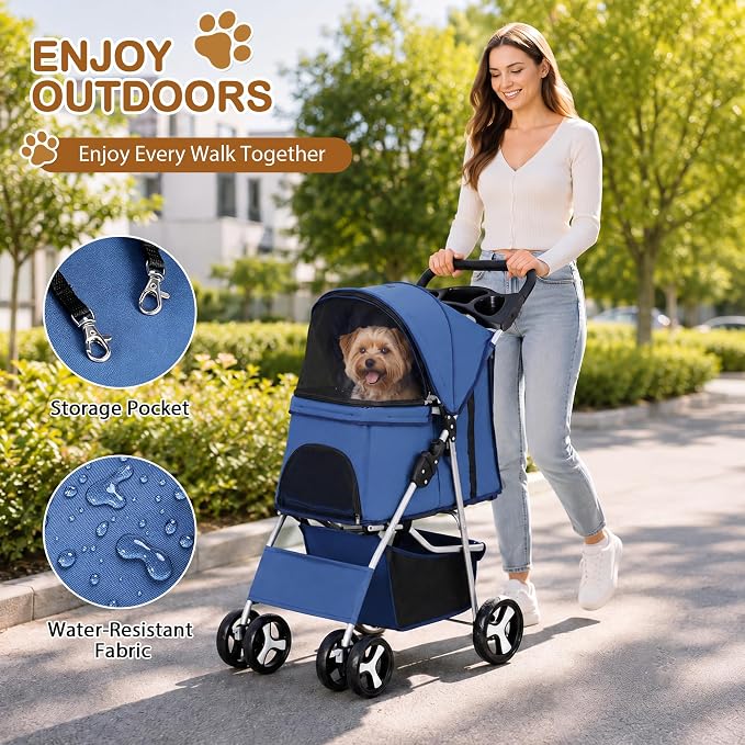 Pet Stroller 4 Wheels Dog Cat Stroller for Small Medium Dog Cats Carrier Jogger Travel Foldable Puppy with Storage Basket and Cup Holder (Navy Blue)