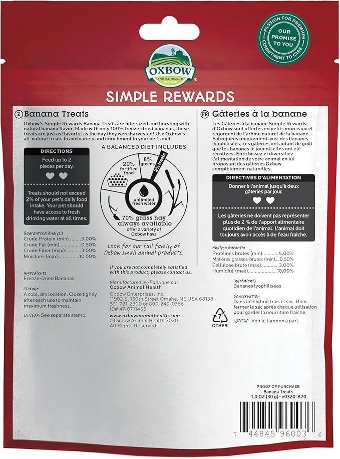 Oxbow Simple Rewards Small Pet Treats, Banana, Freeze Dried Fruit, Guinea Pig & Bunny Treats, Healthy Pet Fruit Snack for Rabbit & Guinea Pig, Freeze Dried Bananas, 1 oz Bag