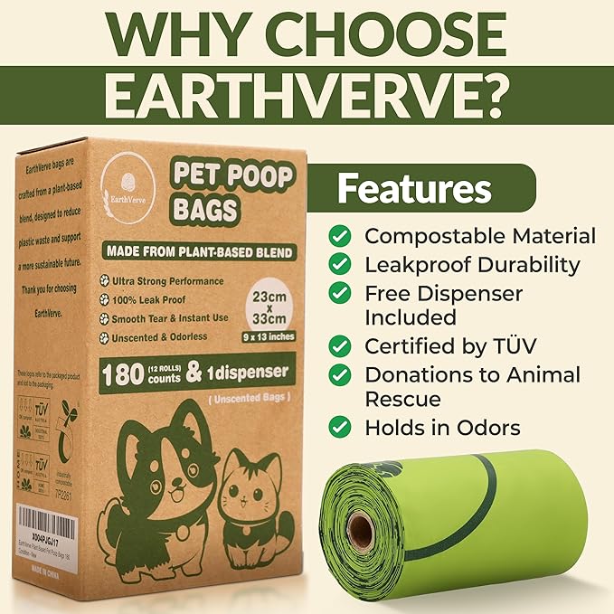 EarthVerve Dog & Cat Compostable Poop Bags (180 Counts w/Dispenser) - Plant Based, Enhanced Leak-Resistant, Odor-Resistant & Durable – Unscented,Sustainable Cleanup Solution –10% to Animal Rescue