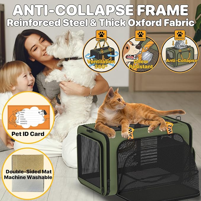 PAWZIDEA Expandable Pet Carrier Airline Approved, 18"×11"×11" Small Dog Carriers, Collapsible Top-Load Cat Carrier for 2 Cats Under Seat, Soft-Sided Puppy & Animal Travel Bag, ID Card, Up to 15lbs