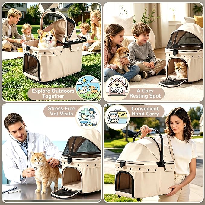 Dog Stroller for Small to Medium Dogs with Detachable Carrier, Beige | 3-in-1 Pet Stroller, Dual-layer UV-Resistant Waterproof Canopy with Breathable Mesh, All-Terrain PU Wheels with Suspension