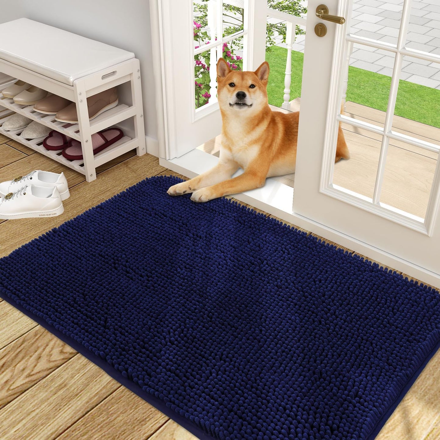 OLANLY Dog Door Mat for Muddy Paws 48x30, Absorbs Moisture and Dirt, Absorbent Non-Slip Washable Doormat, Quick Dry Chenille Mud Mat for Dogs, Entry Indoor Entryway Carpet for Inside Floor, Navy Blue