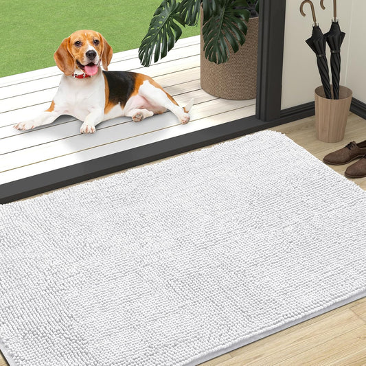 OLANLY Dog Door Mat for Muddy Paws 47x32, Absorbs Moisture and Dirt, Absorbent Non-Slip Washable Doormat, Quick Dry Chenille Mud Mat for Dogs, Entry Indoor Entryway Carpet for Inside Floor, White