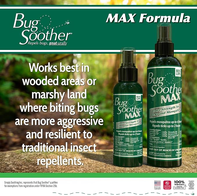 Bug Soother MAX DEET-Free Tick & Mosquito Repellent Spray, 8 oz. 2 Pack | Extra Strength | Natural & Plant-Based | Safe for Entire Family | Woody/Herbaceous Aroma | Made in the USA