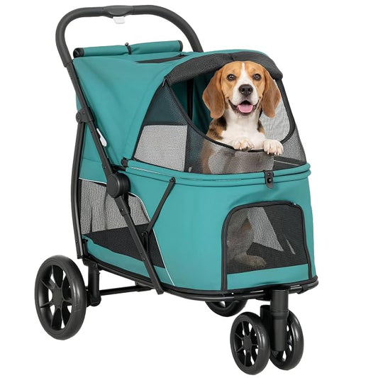 PawHut 3 Wheel Pet Stroller, Dog Stroller Dual Entry, Easy One-Click Quick Fold, All-Terrain Wagon Cart with Air Mesh, Washable Cushion, for Small and Medium Dogs and Cats Up to 44 lbs, Dark Green