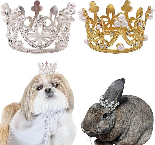 PET SHOW 2pcs Small Dog Crown Headband Puppies Rabbit Cat Hat for Birthday Party Silver Gold Rhinestone Faux Pearl Crown for Pet Holiday Wedding Hair Accessories Photo Prop Costume