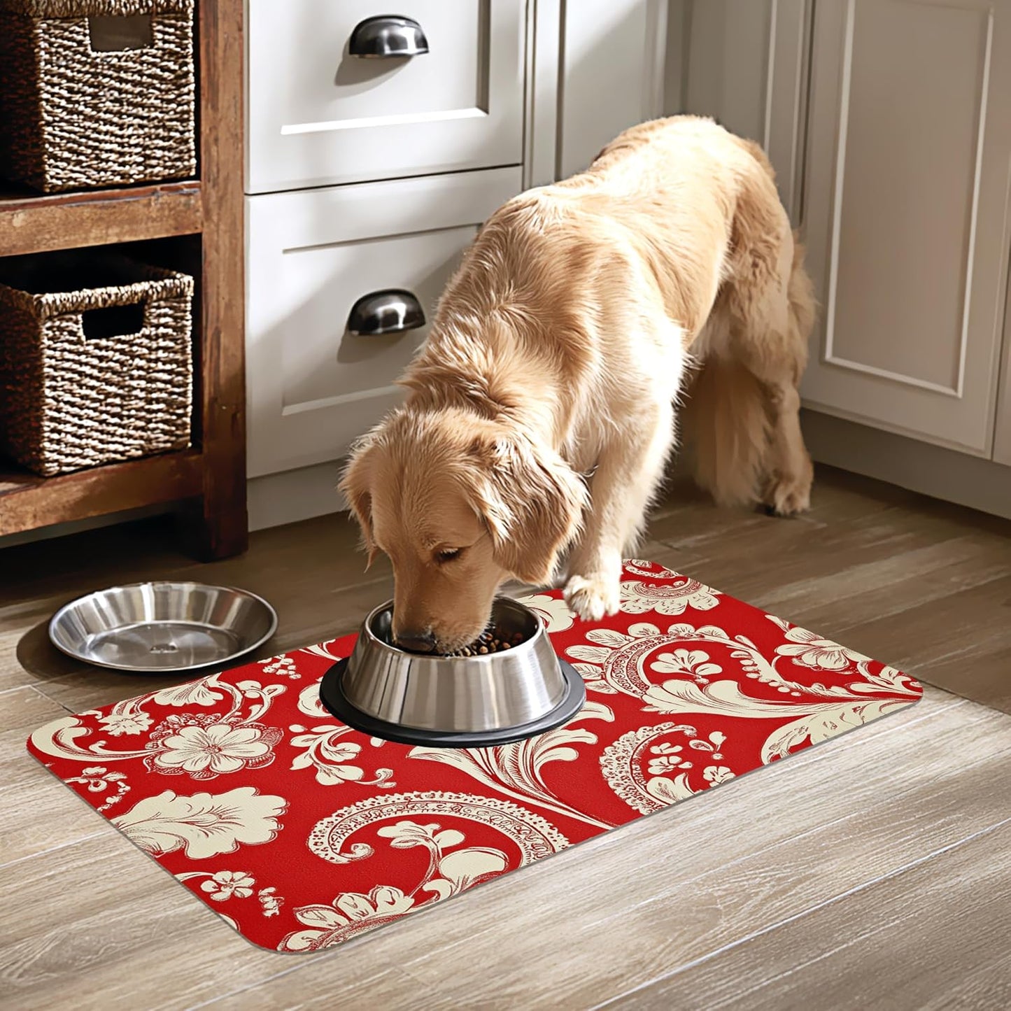 Red White Paisley Dog Food Mat-Absorbent Pet Feeding Mat for Food and Water Bowl, Quick Dry Dog Placemat with Rubber Backing-No Stains Pet Supplies for Messy Drinkers 16"x24"