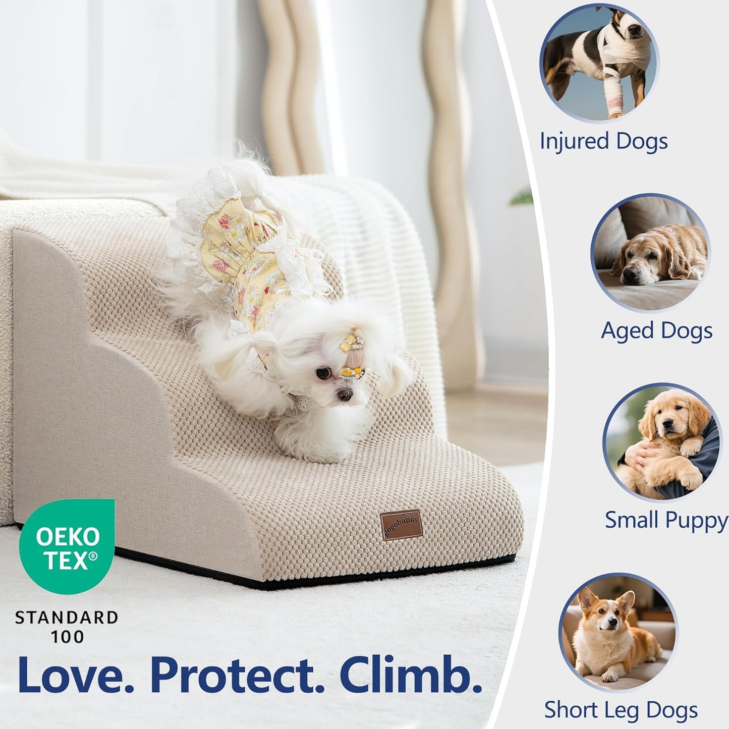 GoGoBunny Ramp Dog Stairs for Couch Sofa and Chair 15.7" H, 3-Step Pet Steps for Small Dogs and Cats, Non-Slip Waterproof Fabric Cover, Stable and Balanced Indoor Step, Pets Friendly, Beige