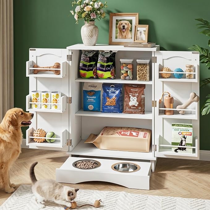 Hometis 23.5"(w) Dog Feeding Station with Storage, Dual Door Hung Storage, Hidden Feeding Bowls,(Off White)
