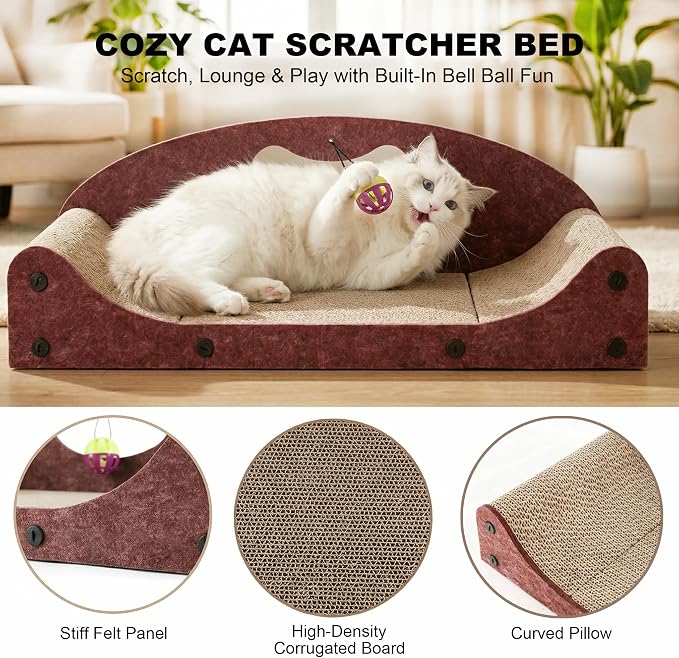 26" Cat Scratcher Bed, Large Scratcher Couch for Indoor Cats, Cardboard Scratcher Sofa, Durable Scratch Pad with Ball, Furniture Protector (Brown, Large)