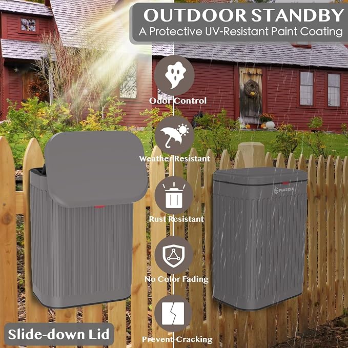 PAWZIDEA 2.1 Gallon Wall Mount Dog Poop Trash Can Outside Odor Control, Outdoor Small Metal Dog Proof Waste Station with Lid & Activated Carbon, Weatherproof Pet Poop Bin Hang Fence, Backyard, Garbage